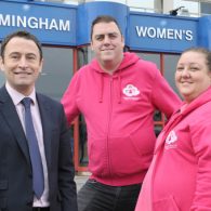 Steve Morgan from Midshire with Charlotte and Richard Sharratt from Libby Mae's Little Angels outside Birmingham Women's Hospital